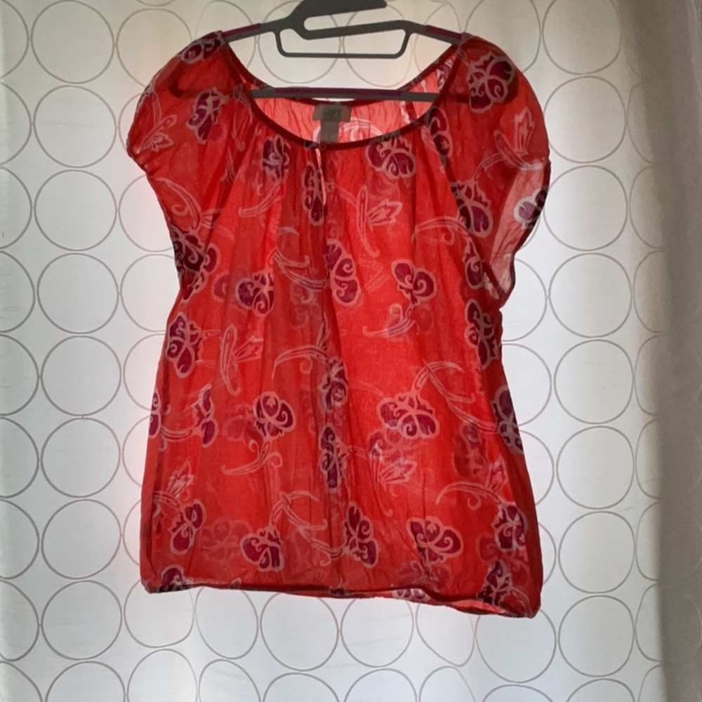 LOFT Red and Black Ruffled Cap Sleeve Blouse